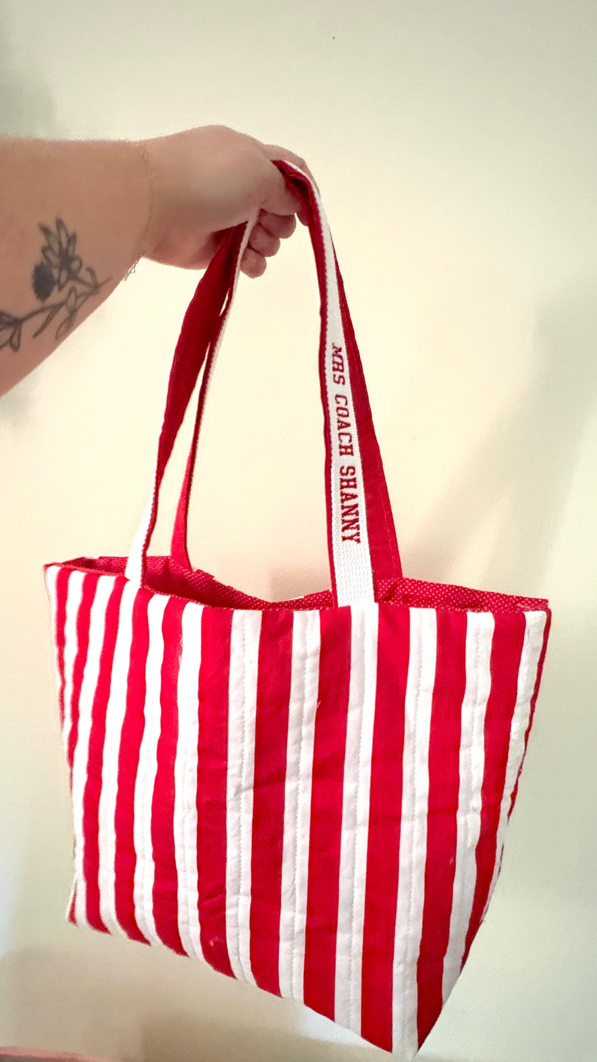 Red and White Striped Quilted Tote Bag
