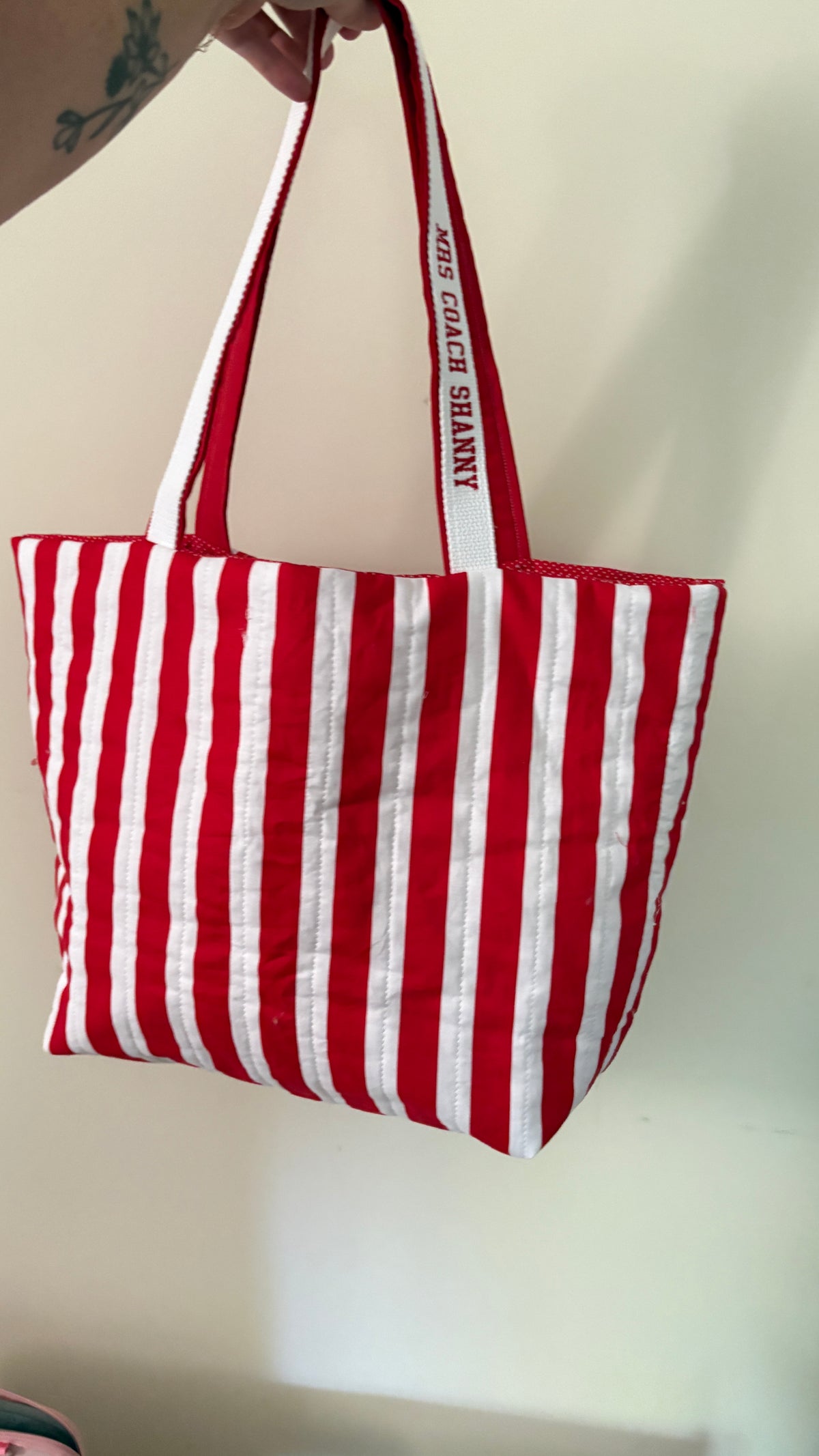 Red and White Striped Quilted Tote Bag