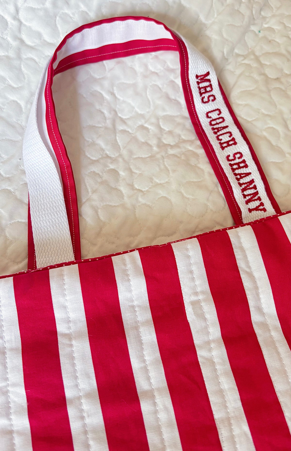Red and White Striped Quilted Tote Bag
